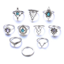 Load image into Gallery viewer, 10pcs/Set Women Bohemian Vintage Silver Stack Rings Above Knuckle Blue Rings Set joint Ring Suit Punk Ball Trend All-match #45