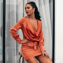 Load image into Gallery viewer, Glamaker Rust red silk satin sexy dress Women sash cowl neck long sleeve autumn party dress Winter bodycon mini short dress 2018
