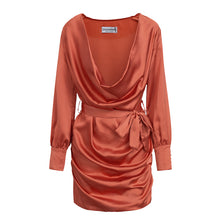 Load image into Gallery viewer, Glamaker Rust red silk satin sexy dress Women sash cowl neck long sleeve autumn party dress Winter bodycon mini short dress 2018