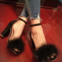 Load image into Gallery viewer, Womens Black Faux Fur High Heels Ankle Nude Chunky Heels
