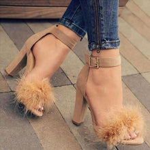 Load image into Gallery viewer, Womens Black Faux Fur High Heels Ankle Nude Chunky Heels