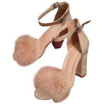 Load image into Gallery viewer, Womens Black Faux Fur High Heels Ankle Nude Chunky Heels
