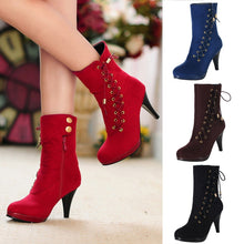 Load image into Gallery viewer, Women Rome Solid High Heel Thin Zipper Warm Flock Ankle Boots Round Toe Shoes