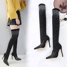 Load image into Gallery viewer, Women Sexy Drill Elastic Boots Pointed High Heels Stockings Over-The-Knee Boots